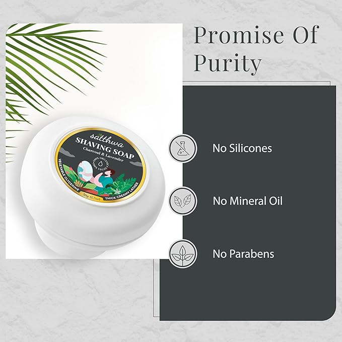 Satthwa Organic Shaving Soap Puck infused with Charcoal & Lavender | Create the Perfect Lather | Excellent for Silky Smooth Shaves | Cleansing & Nourishing, 50g (1.7oz)
