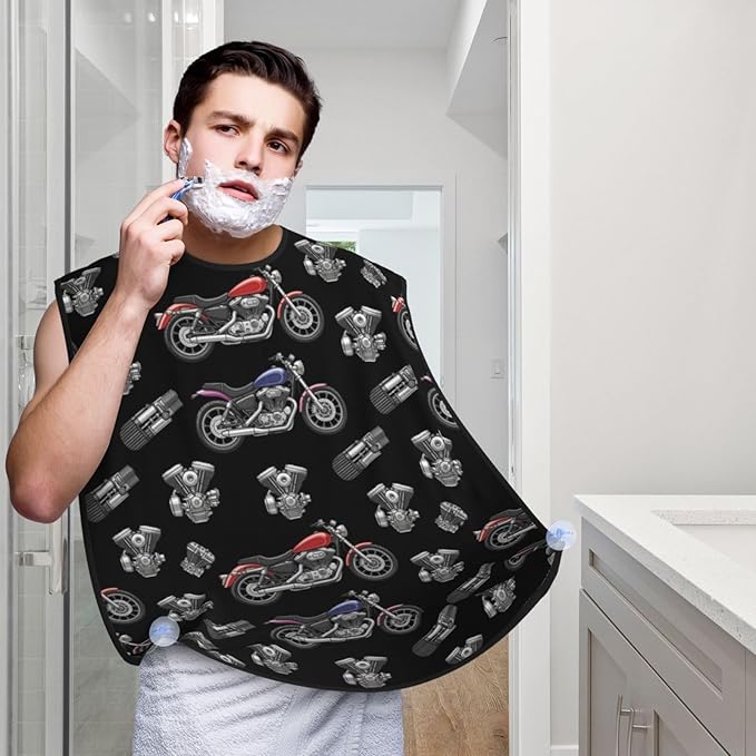 No-Slip Shaving Bib, Beard Grooming Apron with Strong Suction Cups, Cool Black Motorcycle