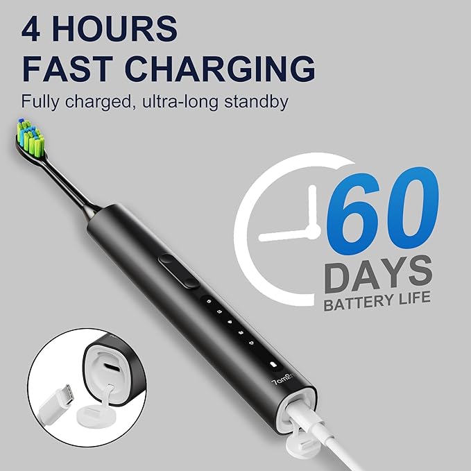 7AM2M Sonic Electric Toothbrush for Adults and Kids, 40000VPM Power Toothbrushes, Fast Rechargeable with 4 Brush Heads, 5 Modes, 2 Minutes Built in Smart Timer, One Charge for 60 Days (Black)
