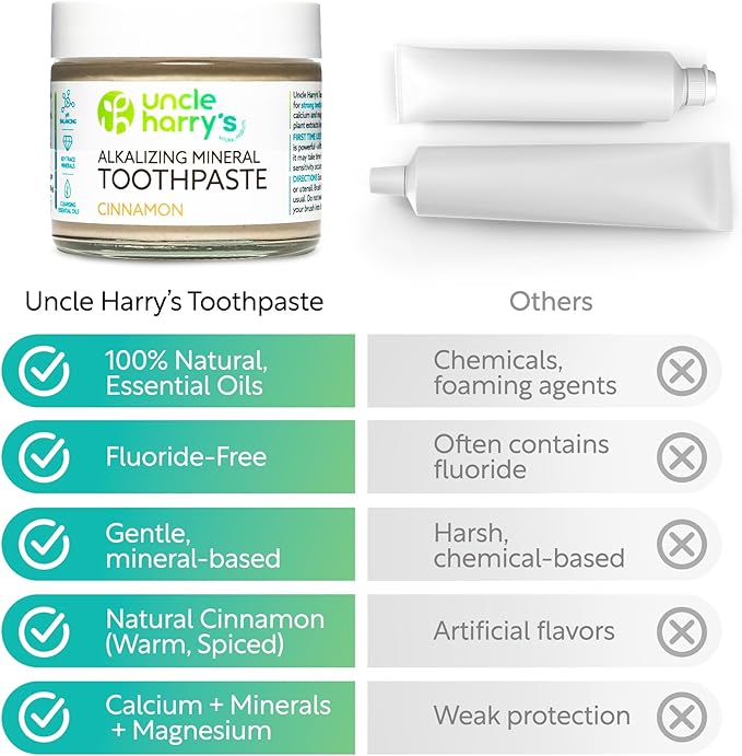 Uncle Harry's Pack of 2 Cinnamon Remineralizing Toothpaste | Natural Whitening Tooth Paste Freshens Breath & Promotes Enamel | Vegan Fluoride Free Toothpaste (2 Pack of 3oz Jars)