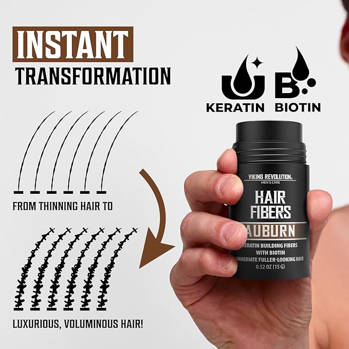 Viking Revolution Auburn Hair Fibers for Thinning Hair Men - Thick Fiber for Bald Spot Cover Up - Hair Building Fibers with Kerating and Biotin - Hair Fiber for Men for Thicker and Fuller Look(0.52oz)