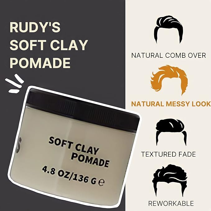 RUDY's Soft Clay Pomade - Lightweight and Pliable All Day Hold - Paraben Free - for Waves and Texture (4.8 oz)