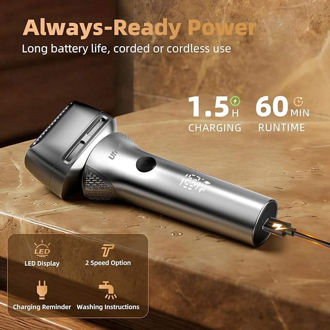 Ufree Foil Shaver with Pop-Up Trimmer, 8,500 RPM Electric Razor for Men, Wet & Dry Electric Shaver with 2 Speed Modes, LED Display, Rechargeable Cordless, IPX7 Waterproof, Silver