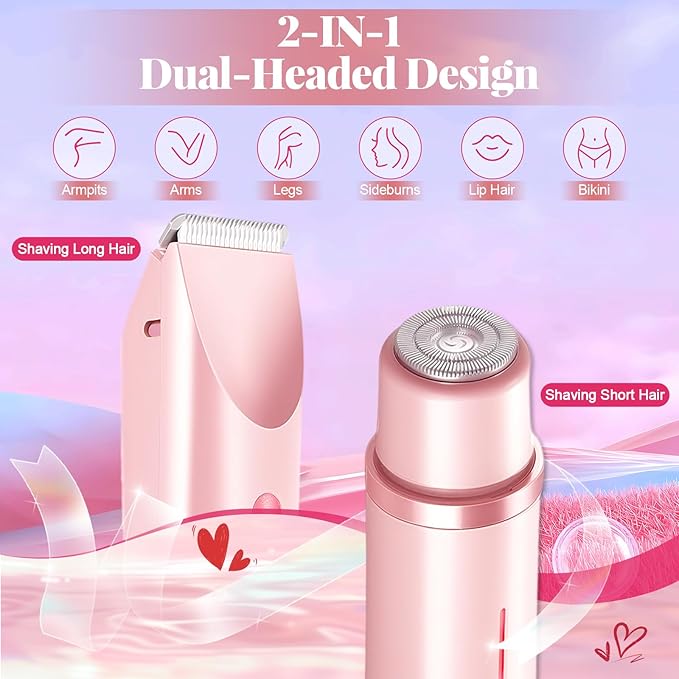 Bikini Trimmer for Women, 2-in-1 Painless Dual Head Shaver Women with Painless Ceramic Blades, Waterproof Electric Razors for Body & Face, Holiday Gift for Her (Pink)
