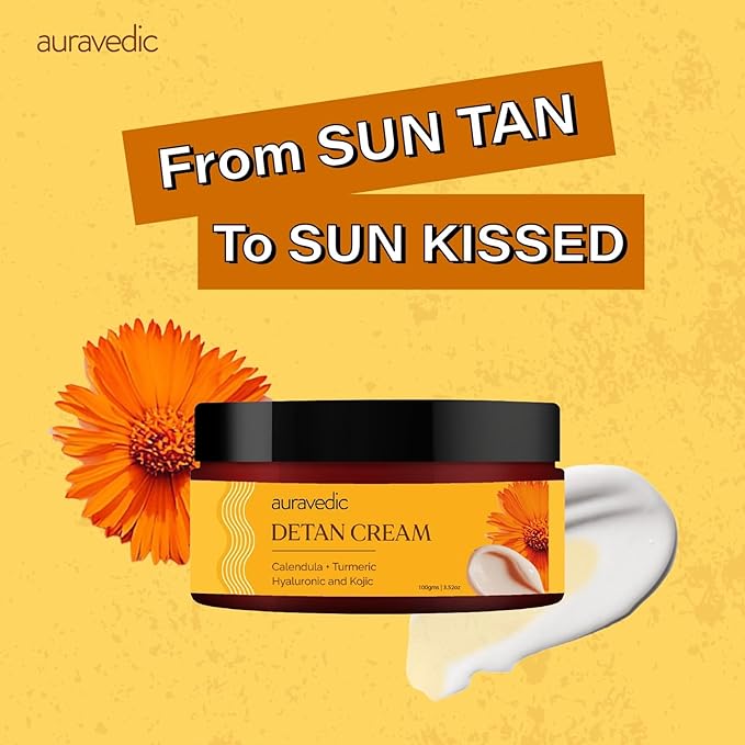 Auravedic De Tan Face Cream with Turmeric, Papaya & Calendula | Hydrating Daily Face Moisturizer for Dull & Sun-Exposed Skin | Lightweight Cream for All Skin Types | 3.53 Oz (100g)