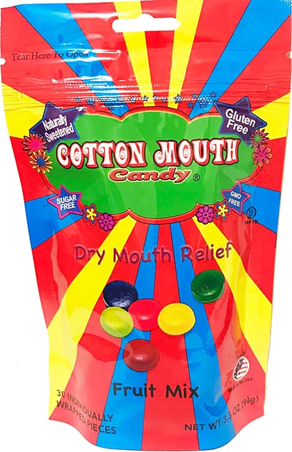 Cotton Mouth Candy Dry Mouth Relief Fruit Mix 3.3 Ounce Bag (1 Bag) | Relieves Dry Mouth & Increases Saliva Production, Sugar Free, Gluten Free, Delicious Fruit Flavor, Individually Wrapped, 30 Ct