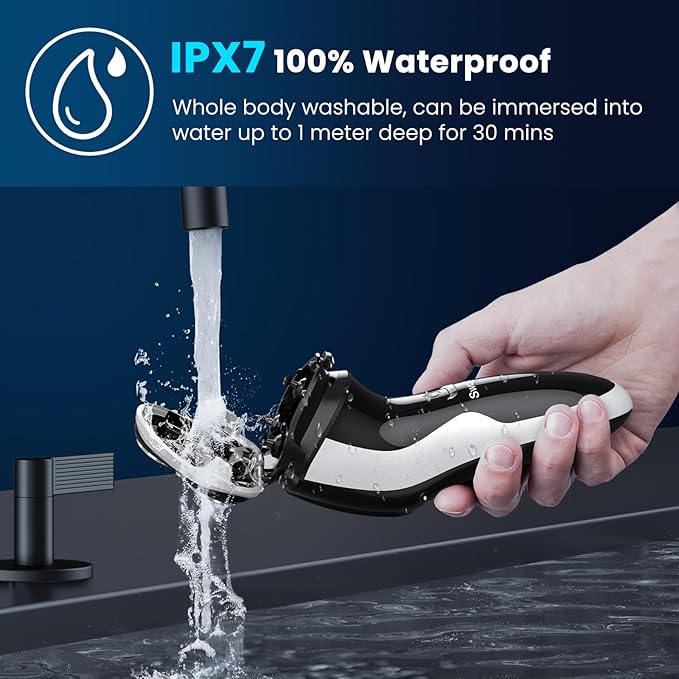 Waterproof Men’s Electric Shaver with Travel Case, Powerful & Quiet, Type C Fast Charge (60min Charge, 120min Use), Precision Trimmer (Black)