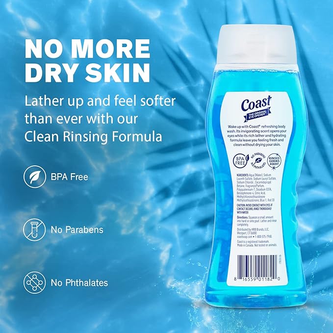 Coast 2-in-1 Hair and Body Wash, Classic Scent - Men's Body Wash, Shampoo & Conditioner - 6 Pack x 18 Fl Oz - Moisturizing & Refreshing Rich Lather for Energized And Clean Skin