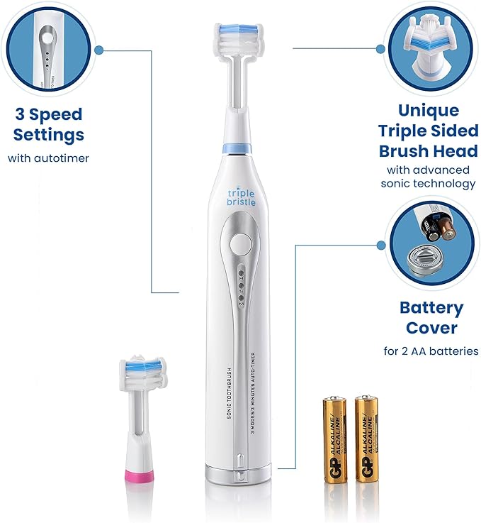 Triple Bristle GO 3-Sided Sonic Electric Toothbrush with Soft Nylon Bristles, Travel Brush for Kids, Adults, Autism and Special Needs