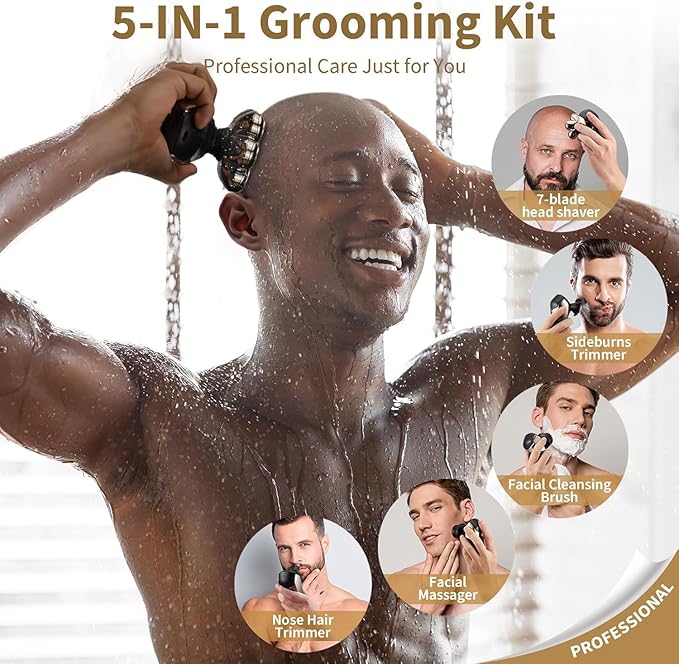 SHPAVVER Head Shavers for Bald Men: 5-in-1 Upgraded Electric Razor - IPX7 Waterproof Shaving Grooming Kit for Balder - Turbo Speed & Precision Blades Valentine's Day Gifts (Ink Gold)