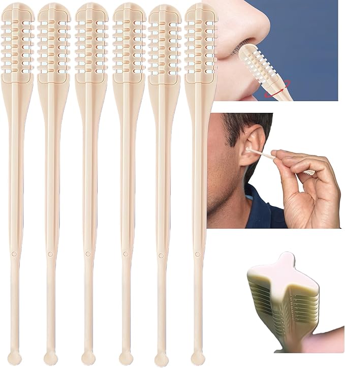 6PCS 2 IN 1 Nose Hair Trimmer Nasal Cutter Remover Removal Women Men Ear Manual Nostril Sightfelt Razor Shaver Double Sided Knife Disposable Rotating Stick 360 Head Trim Razors Blade Stick (Beige,6PC)