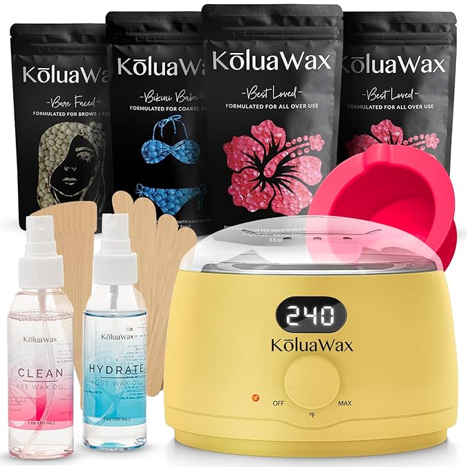 KoluaWax Premium Waxing Kit for Women - Beginner Friendly - Complete Wax Kit that includes 14oz of Wax Beads, Applicator, Pre and Post Care, Suitable for Sensitive Skin (Sun)