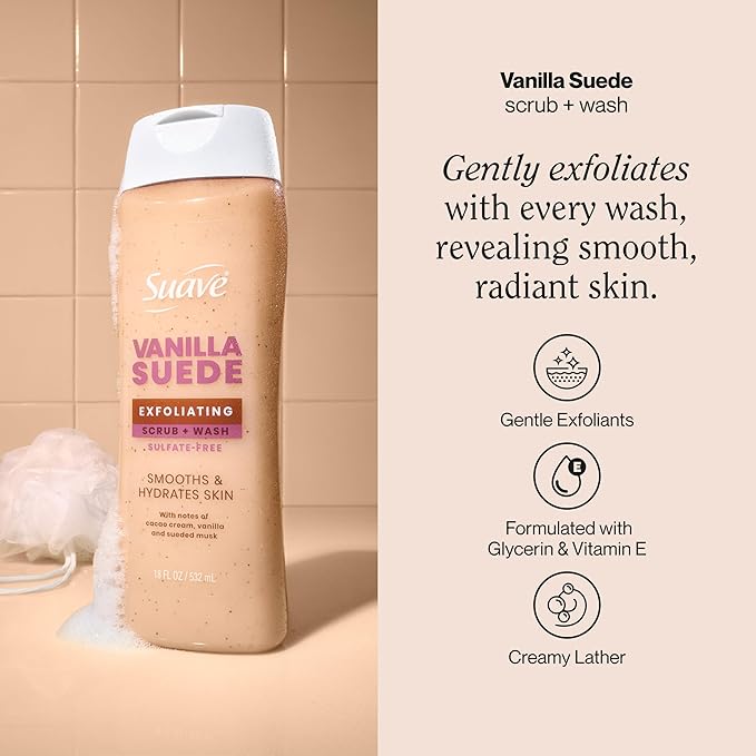 Suave Vanilla Suede Exfoliating Body Wash & Scrub with Glycerin & Vitamin E, Sulfate-Free Hydrating Cleanser for Soft, Smooth Skin, 6 Count, 18 FL OZ