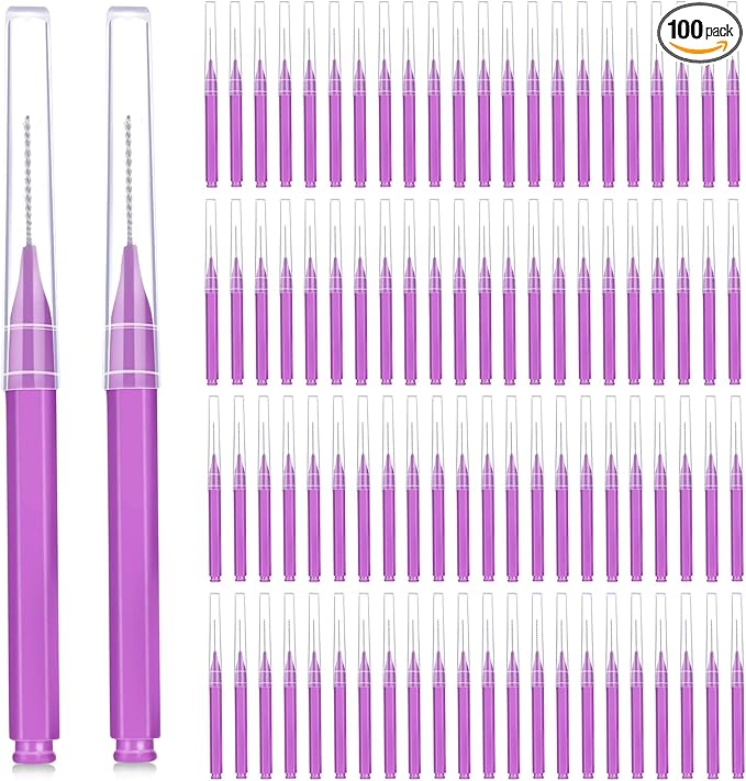 Patelai 100 Pieces Braces Brush for Cleaner Interdental Brush Toothpick Dental Tooth Flossing Head Oral Dental Hygiene Flosser Toothpick Cleaners Tooth Tool(Purple,Cute Size)