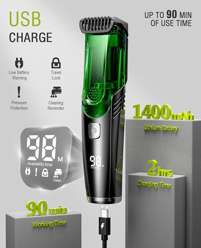 SHPAVVER Beard Trimmer for Men: Vacuum Mustache Trimmer for Less Mess -IPX7 Waterproof- Rechargeable Electric Beard Cutting Kit with Adjustable Length Comb-Built-in Vacuum for Sideburns/Stubble