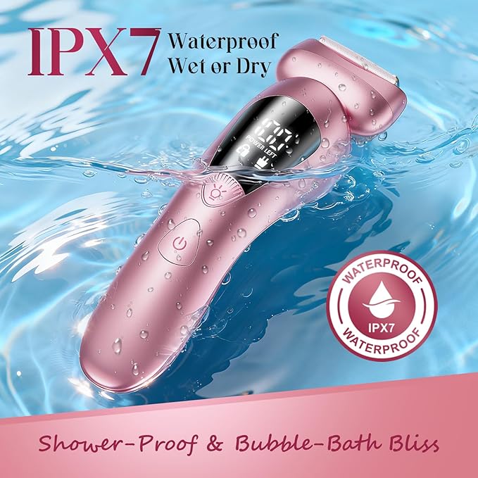 Cordless Electric Razors for Women: Rechargeable Painless Bikini Trimmer for Body Hair - IPX7 Waterproof Shaver with LED Display for Face/Underarm/Leg Light Pink