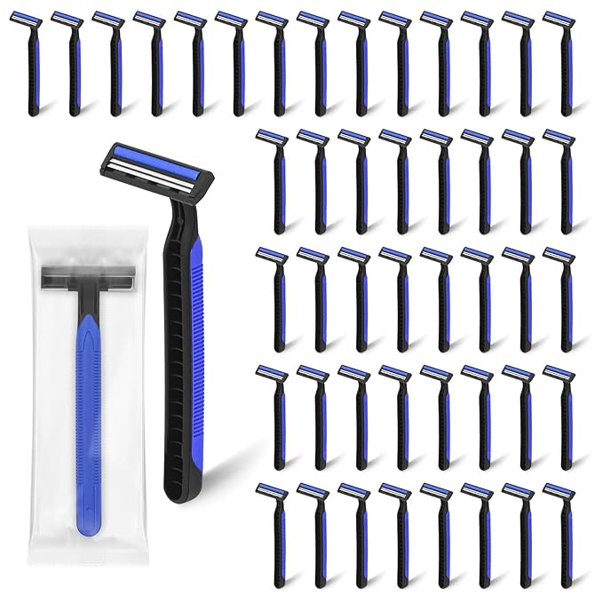Disposable Twin Blade Razors in Bulk, Individually Wrapped - Clear Safety Cap, For Homeless, Hotel, Airbnb, Travel (pack of 100,blue)