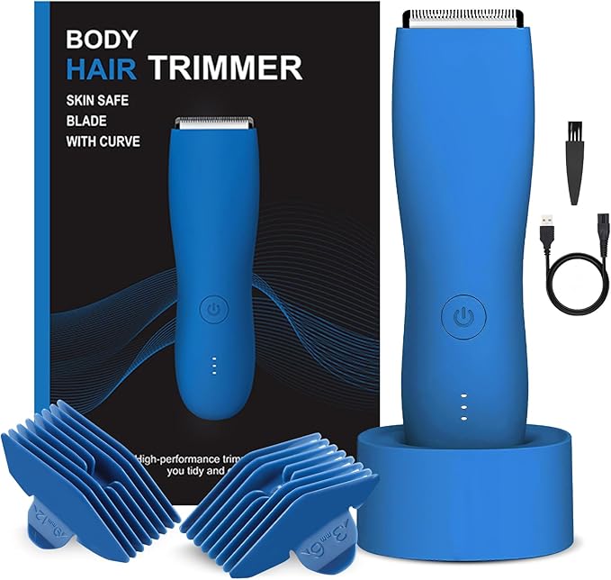 Pubic Hair Trimmer for Men and Women,Electric Shaver for Chest,Legs & Bikini,Waterproof Wet/Dry Shaver,USB Recharge Dock (Blue)