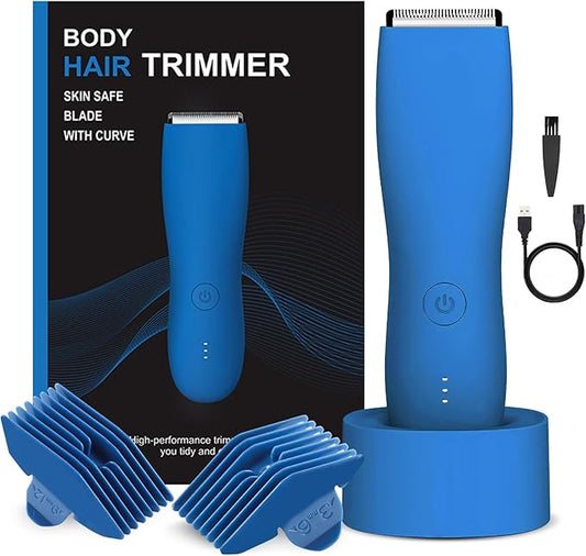 Pubic Hair Trimmer for Men and Women,Electric Shaver for Chest,Legs & Bikini,Waterproof Wet/Dry Shaver,USB Recharge Dock (Blue)