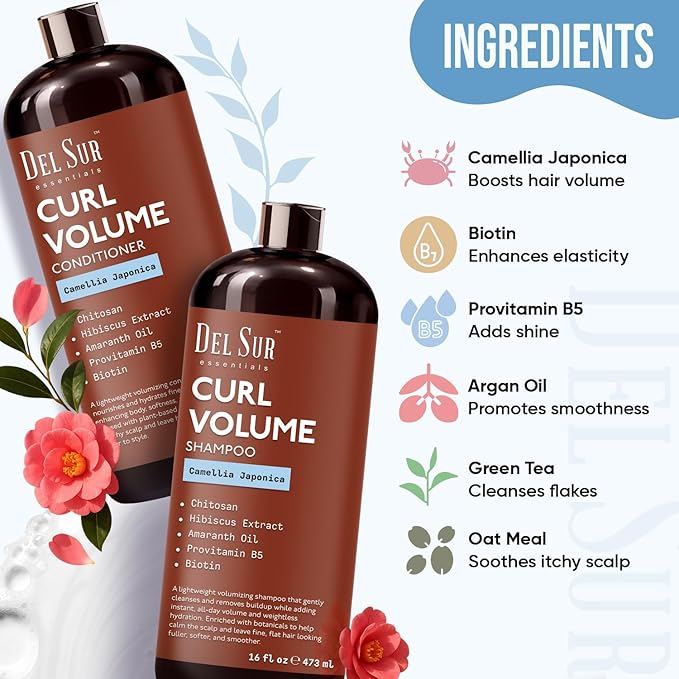 DEL SUR Curly Hair Shampoo and Conditioner Set | 16 fl oz Each | with Camellia Japonica, Hibiscus & Amaranth Oil | Curl Defining, Volume & Hydration for Curly & Wavy Hair