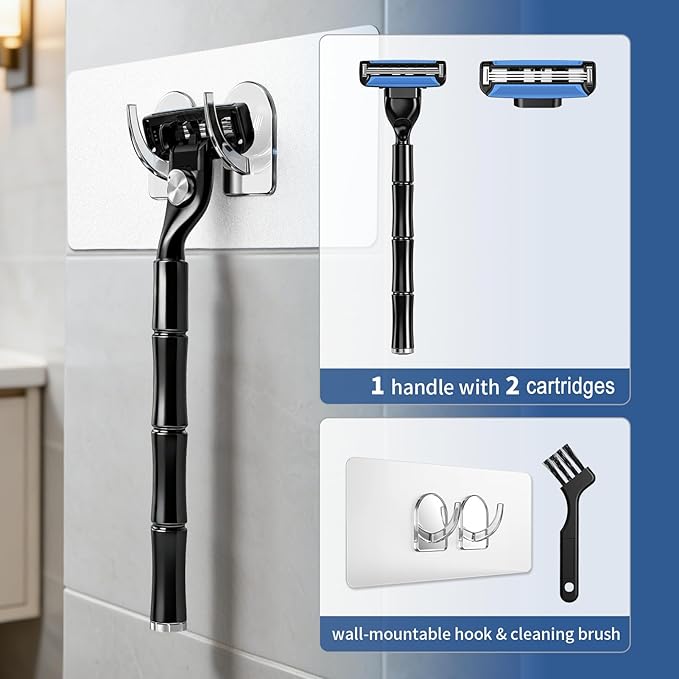 3-Blade Men Razor with Lubricating Strip & Pivoting Head - Safety Razor Blades Kit Includes 1 Handle, 2 Razor Blade Refills, Wall Hook & Cleaning Brush
