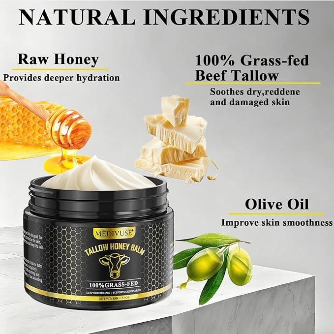 MediVuse Tallow and Honey Balm - 100% Grass-Fed Beef Tallow for Skin with Organic - Deeply Moisturizing Beef Tallow for Face Body - Natural Formula Care for Dry & Sensitive Skin(5.3 OZ), Raw Honey