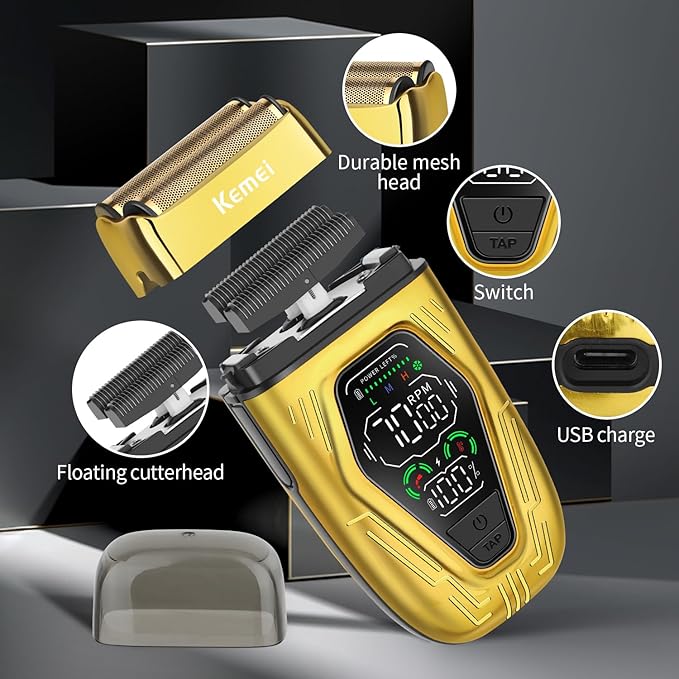 KEMEI KM-T360 Professional Foil Shaver, Barber Shaver with LED Display, Electric Razor for Men USB-C Rechargeable, Wet & Dry Electric Shaver with Detachable Dual Blades