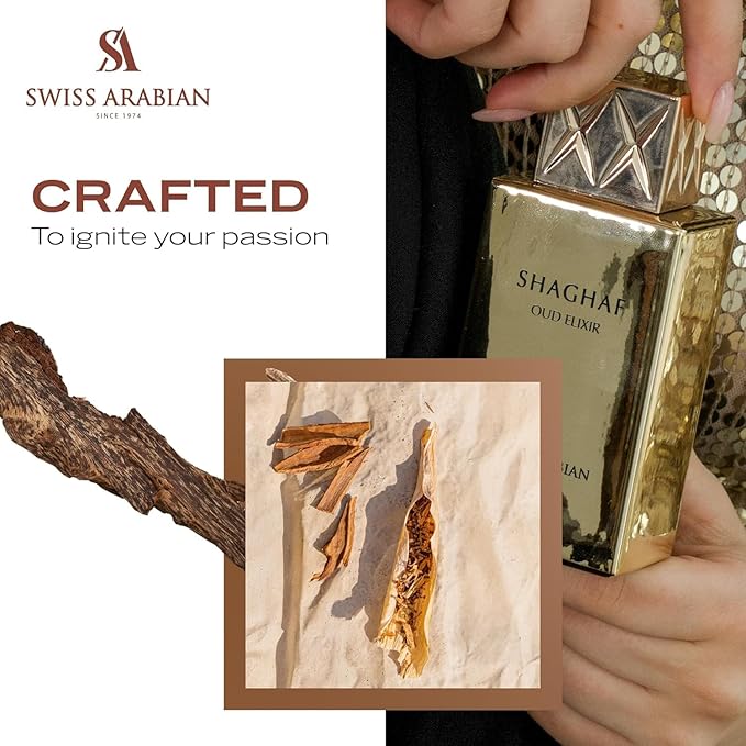 Swiss Arabian Shaghaf Oud Elixir Oud, Gourmand, Amber Fragrance - Notes of Saffron - Perfume for Women and Men - 2.5 oz EDP Spray