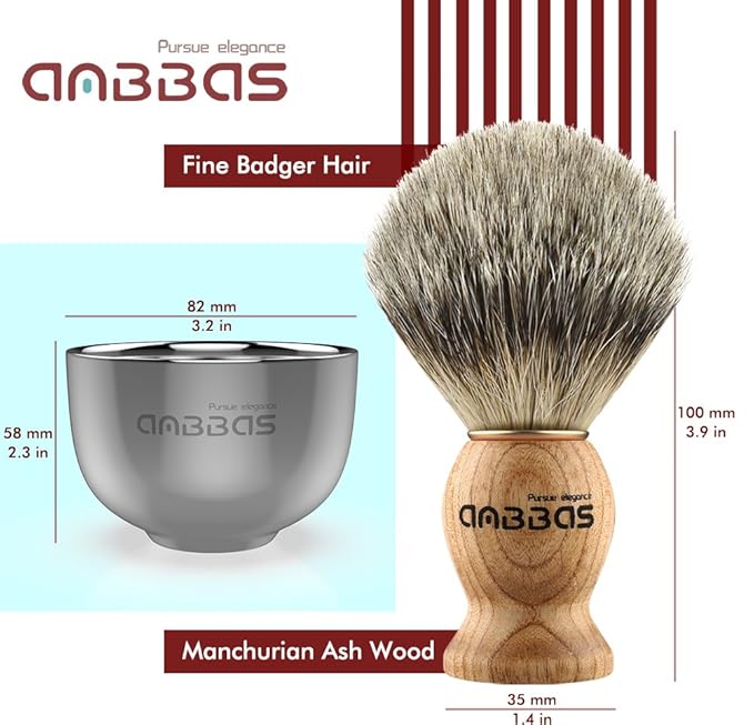 Anbbas Pure Badger Hair Shaving Brush Solid Manchurian Ash Wood Handle,Black Broken-Resistant Acrylic Shaving Stand,Stainless Steel Shaving Bowl Dia 3.2 inch and Goat Milk Soap 100g 4IN1 Set for Men