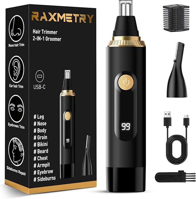 Nose Hair Trimmer for Men and Women,2025 Professional Painless IPX7 Waterproof Eyebrow & Facial Hair Trimmer,USB Rechargeable with LED Display Dual-Edge Blades,Black