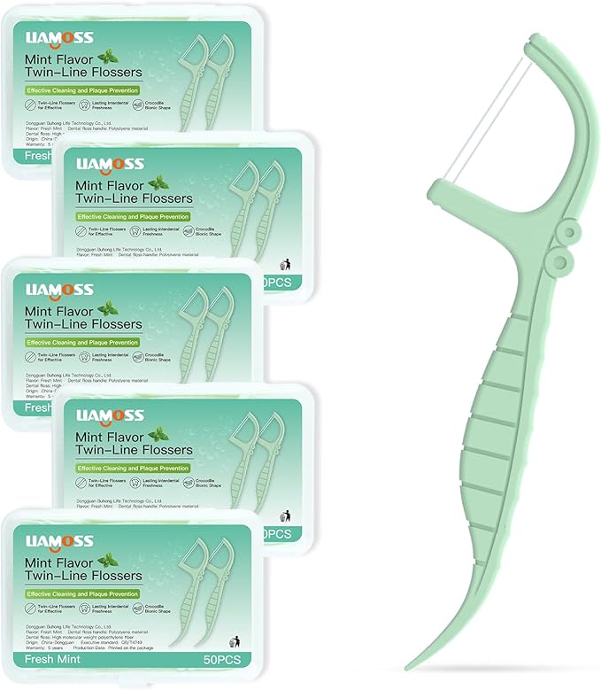 Mint Dental Floss Picks-250 Count LIAMOSS Twin Line Flosser-5 Box Portable Case Floss Organizers-Dual Function Toothpicks Storage-Pocket Floss Case Travel Essentials