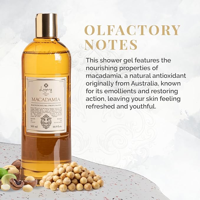 Logevy Macadamia Shower Gel – Indulgent Aroma Made from the Best Skin-Friendly Ingredients, Rich in Nutritional Properties for Rejuvenating, Hydrating, and Soothing Action – 500ml