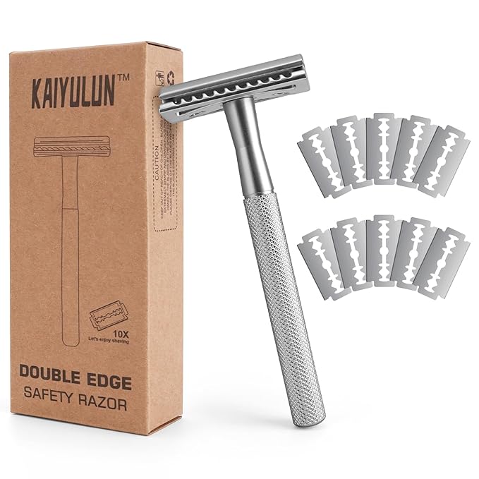 Safety Razor for Men & Women - Double Edge Single Blade Razor with 10 Blades, Reusable One Blade Razor for Close Shave (Mens & Womens Razor, Eco-Friendly)-silver