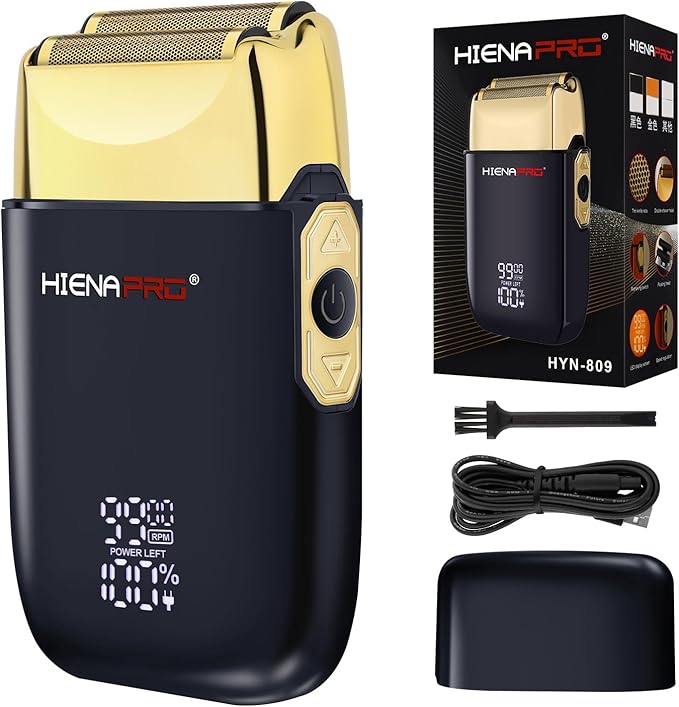 HIENA PRO Foil Shaver for Men Barber, Double Electric Foil Trimmer, Professional Electric Razor, Close Shaver, Cordless Rechargeable with USB, Detachable Design, LED Display, Black Gold