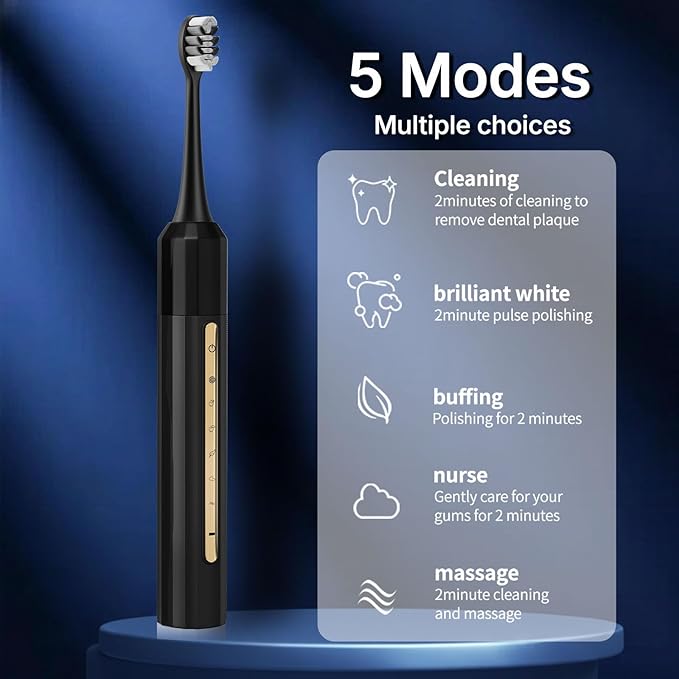 Sonic Electric Toothbrush with 10 Brush Heads for Adults and Children, Up to 90 Days on a Single Charge, 5 Modes, Built-in 2-Minute Smart Timer, IPX8 Waterproof Electric Toothbrush (Black)