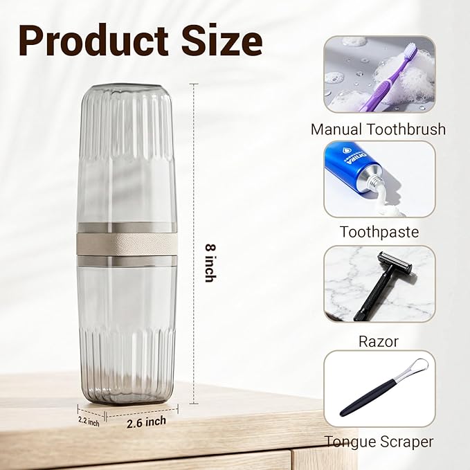 Toothbrush Travel Case, Large Enclosed Toothbrush and Toothpaste Holder Travel Container with Rinse Cup, Portable Bathroom Tooth Brush Storage Case Cover Protector for Traveling, Clear Grey