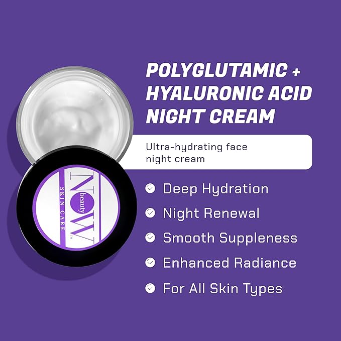 NOW BEAUTY Polyglutamic Plus Hyaluronic Acid Night Cream - Deeply Hydrating Moisturizer - Overnight Anti-Aging Cream for Face - Vegan – Sulfate & Paraben Free - For Men & Women - Travel Size - 1.7 oz