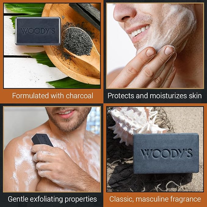 Woody's Activated Charcoal Soap Bar for Men - Detoxifying & Exfoliating Body & Face Wash with Coconut Oil & Bergamot, 8 oz