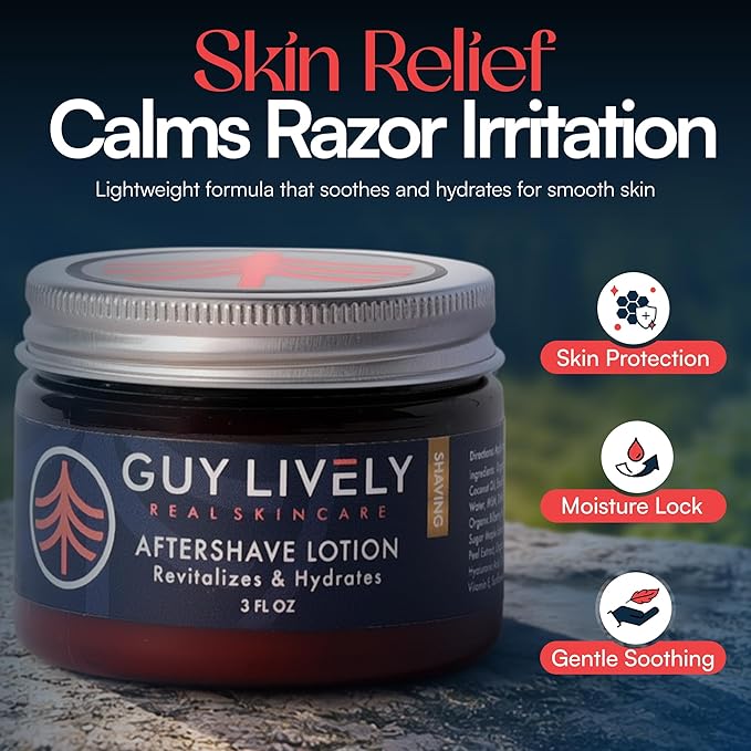 Guy Lively Men’s After Shave Lotion, Unscented Alcohol‑Free Post Shave for Sensitive Skin with Organic Aloe & Hyaluronic Acid, Hydrating Vegan Formula Reduces Razor Burn, Redness & Irritation, 3 fl oz