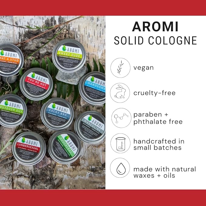 Aromi Solid Cologne for Men | Cashmere Woods, Musk Scent, Powdery Fragrance, Travel, Alcohol-Free, Concentrated, Wax-Based, Gift (Lumbersexual)