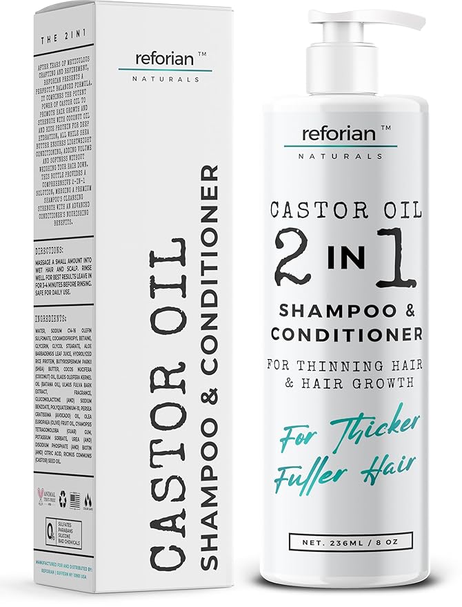 Castor Oil Shampoo and Conditioner for Hair Growth & Strength – 2 in 1 Shampoo and Conditioner Set for Men & Women – Sulfate-Free Formula for Thinning, Dry or Color-Treated Hair, 8oz