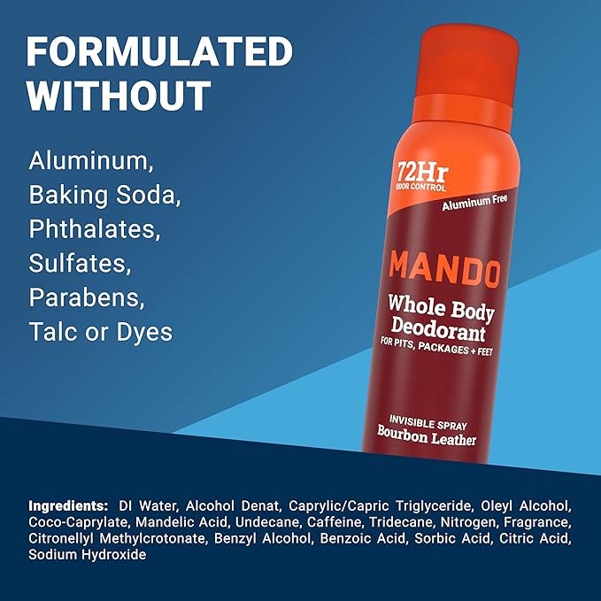 Mando Whole Body Deodorant For Men - Invisible Spray Deodorant - 72 Hour Odor Control - Low Irritation Formula - Aluminum Free, Benzene Free - 3.6 ounce Cans (Pack of 2) - Bourbon Leather