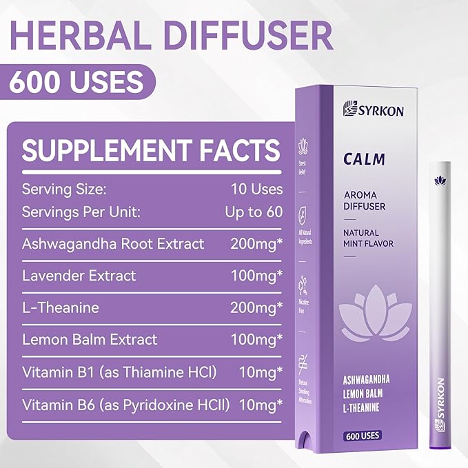 Herbal Diffuser Pen, Supports a Calm Mood | Relaxed Feelings, Mint Flavor, Ashwagandha, Lavender, L-Theanine, Lemon Balm, Vitamin B1 & B6, 600 Uses