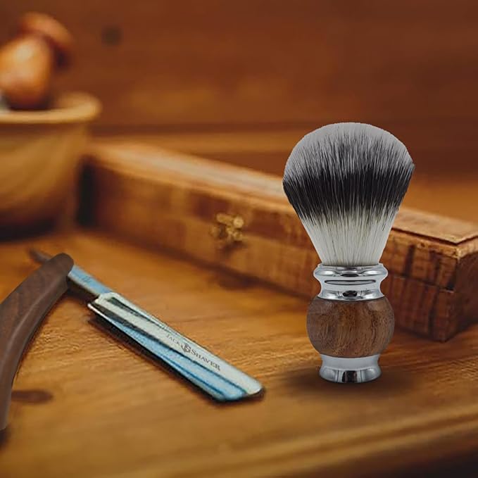 Jack Shaver® Men's Shaving Brush for Soap, Luxury Missanda Hardwood and Stainless Steel, Cream or Foam with Classic Synthetic Silvertip Vegan Friendly Badger Bristles Male Grooming Gift