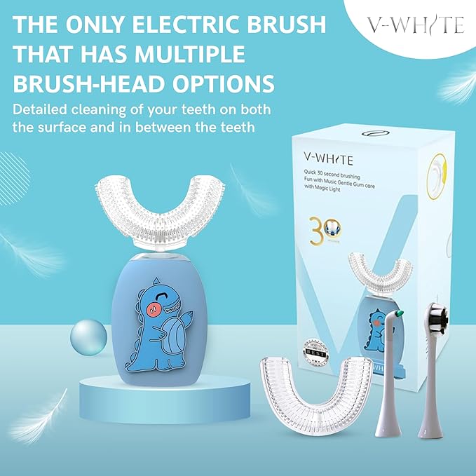 V-WHITE Electric Toothbrush Kids- Ultrasonic U-Shaped Toothbrushes for Teeth Whitening - 360° Mouth Cleansing, Hands Free Gums Protection - Wireless Charging & LED Light - Waterproof IPX7 Certified