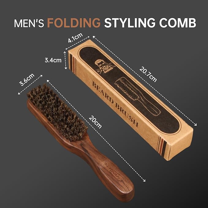 Boar Bristle Beard Brush for Men - Wooden Beard Brush and Slick Back Hair Brush with Metal Comb Keychain, Perfect for Home and Travel Use - Regular