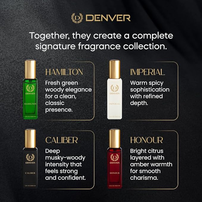 Denver Hamilton Luxury Gift Set for Men, 4 x 0.68 Fl Oz Eau de Parfum Collection | Hamilton, Caliber, Imperial and Honour | Long-Lasting Fragrance and Odor Protection
