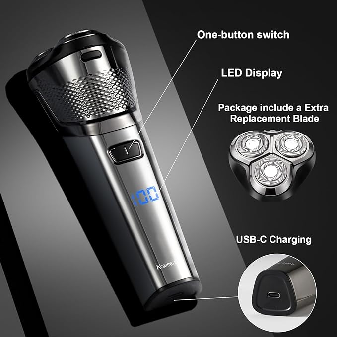 Electric Shaver Razor for Men Face Clean Shave - Rechargeable USB-C, Cordless, Dry/Wet Rotary Shaver with LED Display and Replacement Blade