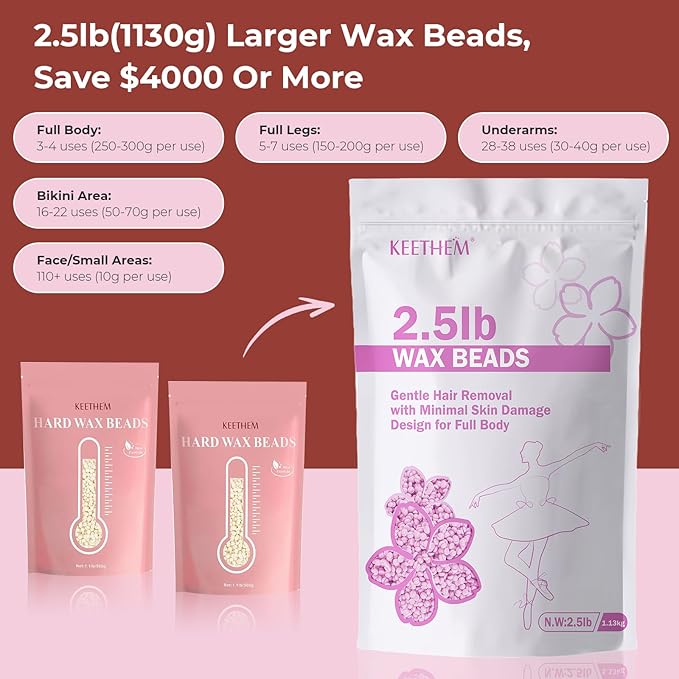 2.5lb Wax Beads, Hard Wax Beads for Coarse Hair Removal and Sensitive Skin- Waxing Beads for Women Men - Hard Wax Recommended for Full Body Bikini Brazilian Waxing (Cherry)