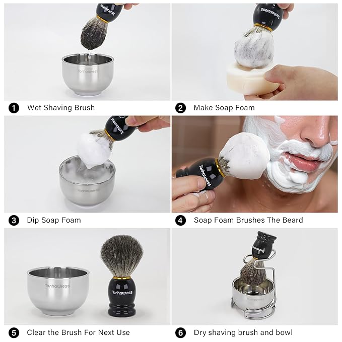 Shaving Brush Kit for Men, 4 in 1 Shaving Brushes Set Includes Badger Hair Shave Brush, Stainless Steel Shaving Bowl&Stand and Goat Milk Flavor Shaving Soap